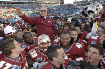 Florida State head coach Bobby Bowden is carried on the shoulders of his players after their 33-21 win over West Virginia in the Gator Bowl on Jan. 1, 2010, in Jacksonville. (AP FILE)