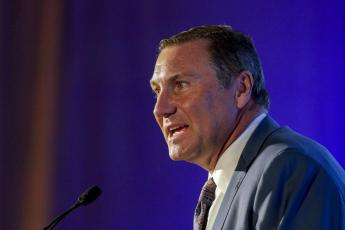 Florida head coach Dan Mullen speaks to reporters during SEC Media Days on July 19 in Hoover, Ala. (BUTCH DILL/Associated Press)