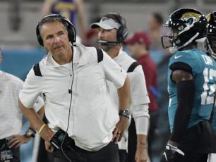 Jacksonville Jaguars head coach Urban Meyer looks down the sidelines during a preseason game against the Cleveland Browns at TIAA Bank Field on Aug. 14 in Jacksonville. (TRIBUNE NEWS SERVICE)
