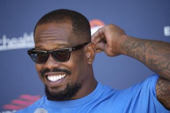 Denver Broncos outside linebacker Von Miller responds to a question during a news conference on Sept. 16 at the NFL football team's headquarters in Englewood, Colo. (DAVID ZALUBOWSKI/Associated Press)
