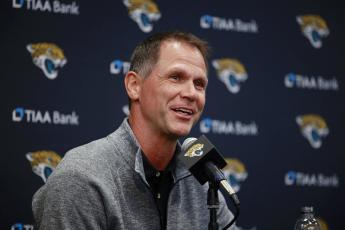 Jacksonville Jaguars General Manager Trent Baalke answers questions from the media during a press conference on Friday at TIAA Bank Field in Jacksonville. (COREY PERRINE/The Florida Times-Union via AP)