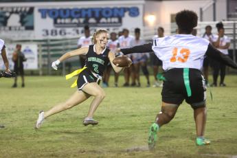 Suwannee’s Katie Jo Brackin heads up field against Florida A&M during the Region 1-1A quarterfinals Tuesday night at Langford Stadium. (PAUL BUCHANAN/Special to the Reporter)