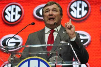 Georgia head coach Kirby Smart speaks during SEC Media Days on Wednesday in Atlanta. (JOHN BAZEMORE/Associated Press)