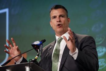 Miami head coach Mario Cristobal answers a question during ACC Media Days on Thursday in Charlotte, N.C. (NELL REDMOND/Associated Press)