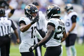 Jacksonville Jaguars wide receiver Christian Kirk (13) celebrates his touchdown with running back James Robinson (25) against the Indianapolis Colts during Sunday’s game Jacksonville. (JOHN RAOUX/Associated Press)