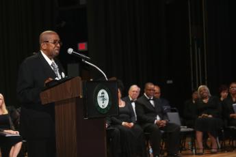 Rodney Brown, the first African-American student to attend Lake City Junior College, addresses the audience during the 2023 Florida Gateway College Black History Month program as the keynote speaker. (TONY BRITT/Lake City Reporter)