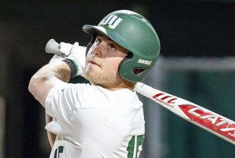 Jacksonville’s Chandler ‘Brent’ Howard watches a ball fly off his bat this season. (COURTESY OF JU ATHLETICS)