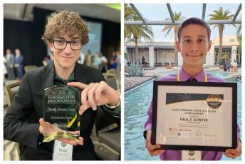 Fort White’s Brody Crews (left) and Suwannee’s Paul Gunter were among the 28 Sunshine State Scholars to earn a one-year scholarship to attend a Florida college or university. (COURTESY PHOTOS)