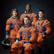 This photo provided by NASA shows, from left, NASA Astronauts Christina Koch, Victor Glover, Reid Wiseman, and Canadian Space Agency Astronaut Jeremy Hansen at the Johnson Space Center in Houston on March 29, 2023. (JOSH VALCARCEL/NASA via AP)