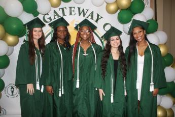 Columbia High School students in the school district’s Career & Technical Education program who received their phlebotomy certification during Friday morning’s gradation at Florida Gateway College were Mary Odum (from left), Ca’Mari Matthews, Zacariah Williams, Skyla Wasden Wasden and Karis Jernigan. Four additional CHS students received their diplomas during the FGC afternoon graduation ceremony. (TONY BRITT/Lake City Reporter)