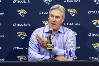 Jacksonville Jaguars head coach Doug Pederson answers a question regarding first-round draft pick offensive lineman Anton Harrison at a news conference on April 28 in Jacksonville. (GARY MCCULLOUGH/Associated Press)