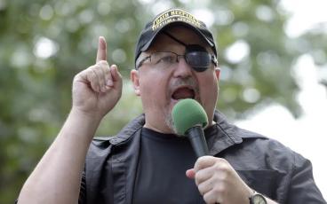 Stewart Rhodes, founder of the Oath Keepers, speaks during a rally outside the White House in Washington, June 25, 2017. Rhodes was sentenced Thursday to 18 years in prison for seditious conspiracy in the Jan. 6, 2021, attack on the U.S. Capitol. (AP FILE)