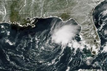 This GOES-East GeoColor satellite image taken Fridayat 1:21 p.m. EDT., shows Tropical Storm Arlene, the first named storm of the Atlantic hurricane season, in the Gulf of Mexico off the west coast of Florida. (NOAA VIA AP)
