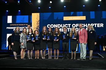 The Lafayette FFA Conduct of Chapter Meetings team, which included Kambry Moseley, Clara Knight, Harrison Jackson, Natalie Harper, Cailyn Hynds, Hallyn Hurst, Dayla Daniels and Silas Fletcher won the state title, the program’s fourth in the event. (COURTESY LAFAYETTE FFA)