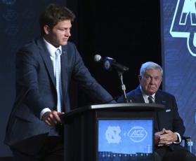 UNC Tar Heels quarterback Drake Maye responds to a question during ACC Media Days on Thursday in Charlotte, N.C. (JEFF SINER/The Charlotte Observer via AP)