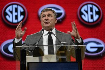 Georgia coach Kirby Smart speaks during Southeastern Conference Media Days on Tuesday in Nashville, Tenn. (GEORGE WALKER IV/Associated Press)