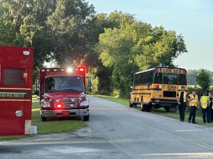 A Suwannee County school bus was involved in a crash Thursday morning, the first day of school for the district, when it backed into a car following it. (COURTESY SUWANNEE COUNTY FIRE RESCUE)