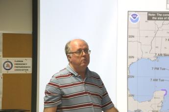 Columbia County Emergency Management Director Shayne Morgan gives a briefing during Monday afternoon's meeting. (MORGAN MCMULLEN/Lake City Reporter)