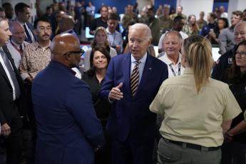 President Joe Biden speaks during a visit to FEMA headquarters, Thursday, Aug. 31, 2023, in Washington. Biden visited the headquarters to thank the team staffing the FEMA National Response Coordination Center (NRCC) throughout Hurricane Idalia and the ongoing federal response efforts to the fires on Maui, Hawaii. (ASSOCIATED PRESS)