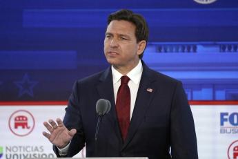 Florida Gov. Ron DeSantis speaks during a Republican presidential primary debate Wednesday at the Ronald Reagan Presidential Library in Simi Valley, Calif. (ASSOCIATED PRESS)