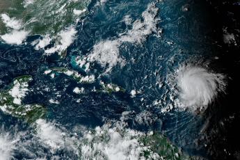 This satellite image provided by the National Oceanographic and Atmospheric Administration shows Hurricane Lee in the Atlantic Ocean on Friday. (NOAA)