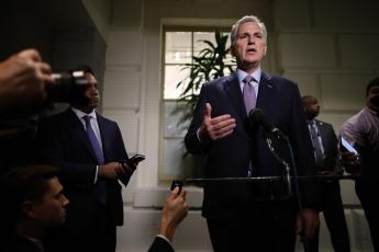 Speaker of the House Kevin McCarthy talks to reporters following a House Republican conference meeting in the U.S. Capitol on Tuesday in Washington, D.C. (CHIP SOMODEVILLA/Getty Images/TNS)
