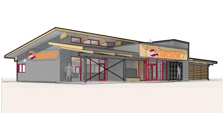 A rendering of the Big Chicken restaurant that is coming to NW Centurion Court in Lake City, replacing the Rib Crib originally planned for the site. Big Chicken is a company partially owned by Shaquille O’Neal. (COURTESY)