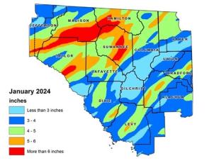 The Suwannee River Water Management District’s Hydrologic Conditions Report shows January was wetter than normal with areas in Hamilton and Suwannee counties receiving more than six inches of rain in the month. (COURTESY)