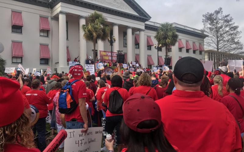Teachers, students and concerned citizens attend the teachers rally in front of the old capitol building in Tallahassee on Monday. (COURTESY)