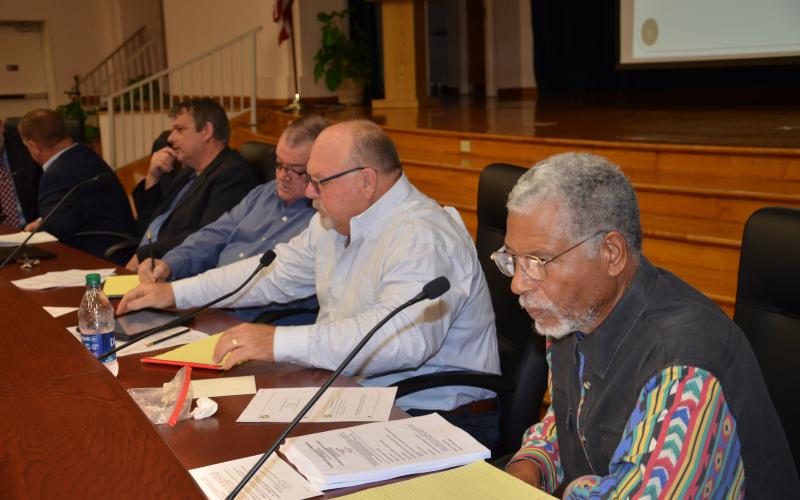 County Commissioners are seen just before the start of Thursday’s meeting. From right are Ron Williams, Rocky Ford, Bucky Nash, Chairman Toby Witt and Tim Murphy. (CARL MCKINNEY/Lake City Reporter)