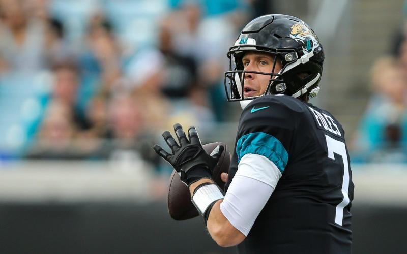 Jaguars quarterback Nick Foles (7) looks for a receiver during the first half of an NFL football game against the Buccaneers at TIAA Bank Field on Dec. 1, 2019 in Jacksonville. (TRIBUNE NEWS SERVICE)