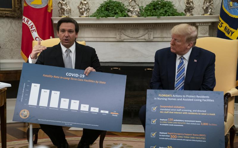 President Donald Trump listens as Gov. Ron DeSantis, R-Fla., talks about the coronavirus response during a meeting in the Oval Office of the White House, Tuesday, in Washington. (EVAN VUCCI/Associated Press))