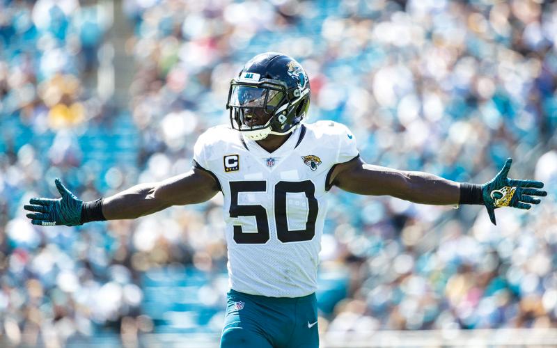 Jacksonville Jaguars linebacker Telvin Smith (50) celebrates a tackle in the second quarter versus the Tennessee Titans at TIAA Bank Field on Sept. 23, 2018, in Jacksonville. (TRIBUNE NEWS SERVICE)