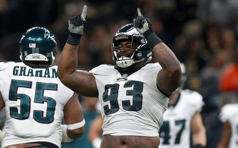 Timmy Jernigan (93) celebrates his sack against the New Orleans Saints while playing for the Philadelphia Eagles in the NFC Divisional Playoff Game at Mercedes Benz Superdome on Jan. 13, 2019, in New Orleans. (SEAN GARDNER/Getty Images/TNS)