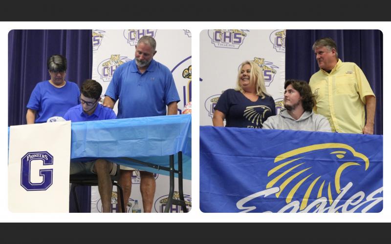 LEFT: Columbia outfielder Hunter Thomas inks his letter of intent with Glenville State College. RIGHT: Columbia outfielder Lance Minson inks his letter of intent with Embry-Riddle. (JORDAN KROEGER/Lake City Reporter)
