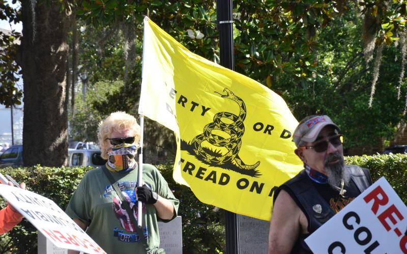 One protester waves the Gadsden flag, a traditional American symbol that has since been adopted as a banner for libertarian ideas of freedom and unrestricted commerce. (CARL MCKINNEY/Lake City Reporter)