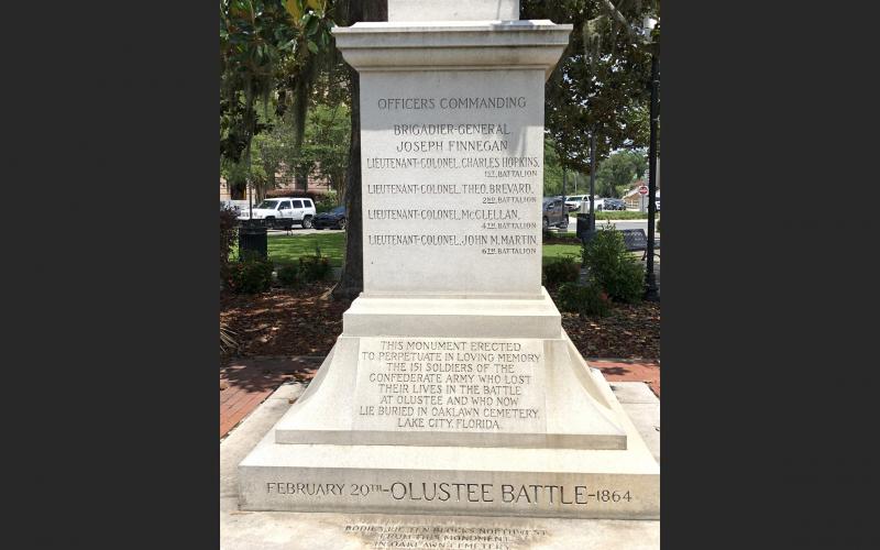 A monument to Confederate soldiers stands in front of the courthouse in downtown Lake City. A local resident seeks to have it relocated to either the cemetery where the soldiers are buried or the battlefield where they died. (STAFF)
