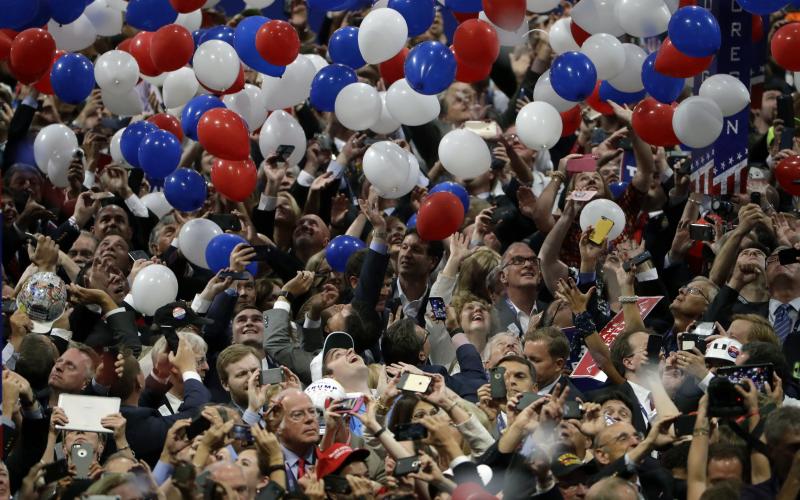 In this 2016 file photo, confetti and balloons fall during celebrations after Republican presidential candidate Donald Trump’s acceptance speech on the final day of the Republican National Convention in Cleveland. (AP FILE PHOTO)