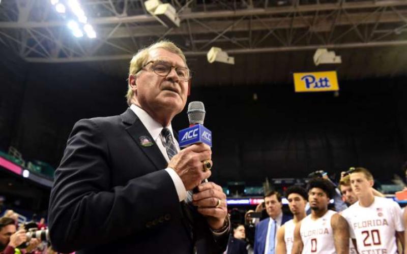 ACC Commissioner John Swofford announces the cancelation of the remainder of the men's basketball ACC Tournament at Greensboro Coliseum on March 12, in Greensboro, N.C. (JARED C. TILTON/Getty Images/TNS)