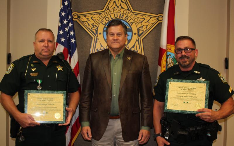 From left are Lieutenant Chris Sharpe, Sheriff Mark Hunter and Corporal Matthew Baucom. (COURTESY)