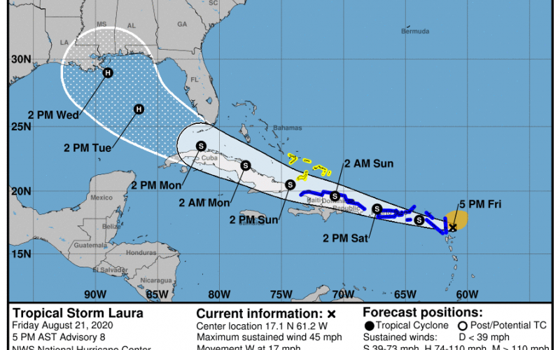 Tropical Storm Laura is tracking further west into the Gulf of Mexico, where it could meet up with Tropical Depression 14. (NOAA)