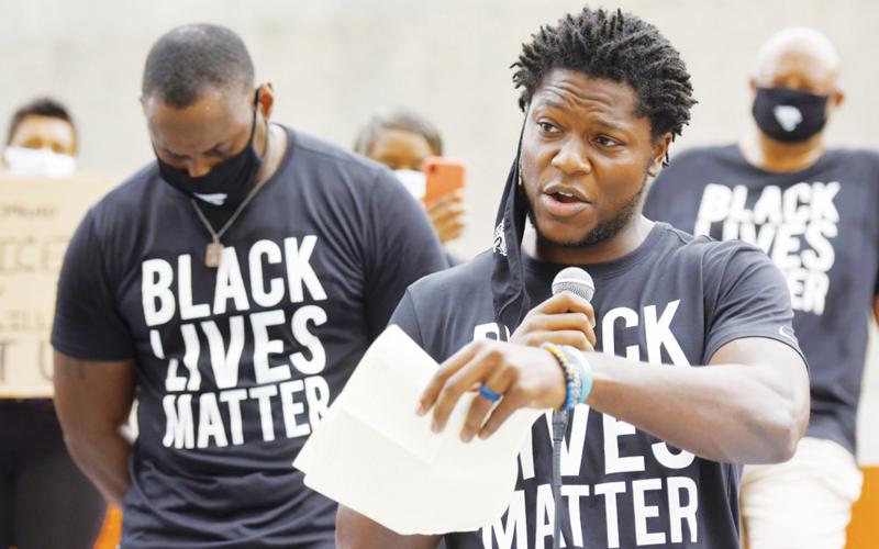 Jacksonville Jaguars receiver Chris Conley addresses a crowd of teammates, staff and families on the steps of the Jacksonville Sheriff's Office headquarters building on June 5, in Jacksonville, as they protest against inequality and police brutality. (TNS FILE PHOTO)