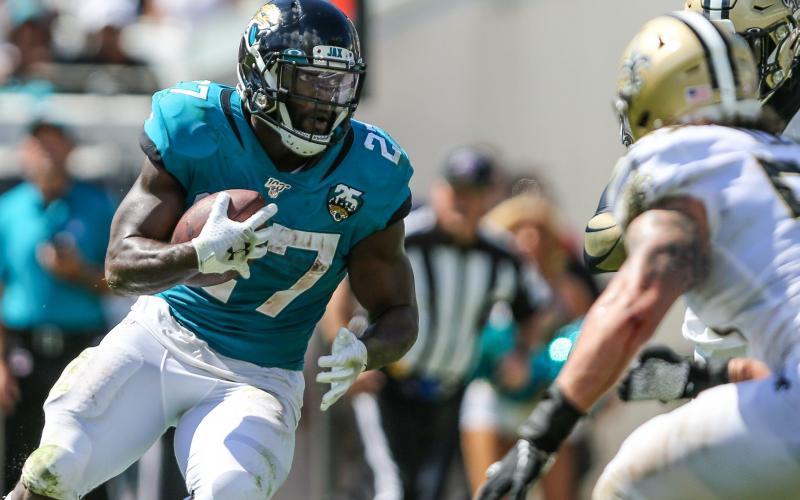 Jacksonville Jaguars running back Leonard Fournette (27) after a catch runs for a first down against the against the New Orleans Saints at TIAA Bank Field on Oct. 13, 2019 in Jacksonville. (GARY LLOYD MCCULLOUGH/TNS)