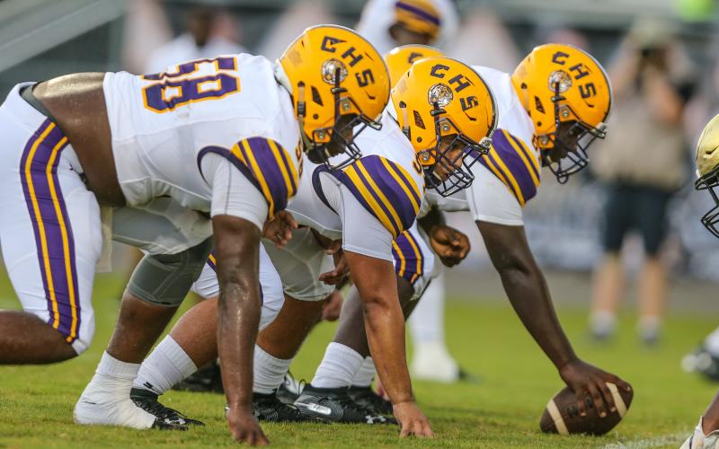 Columbia's offensive line lines up against Oakleaf on Aug. 30, 2019. (GARY LLOYD MCCULLOUGH/Special to the Reporter)