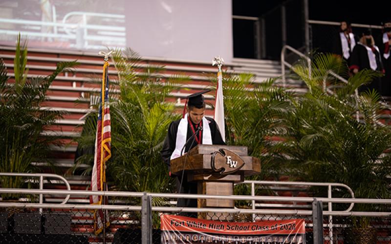 Izaya Latham, the student body vice president at Fort White, delivered the invocation for the Class of 2020’s graduation Friday night. (RAY CARPENTER/Lake City Reporter)