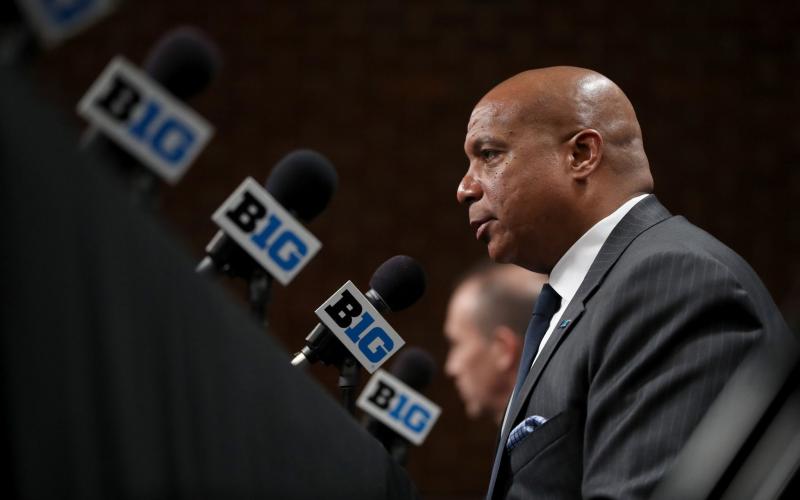 Big Ten commissioner Kevin Warren speaks about the cancellation of the men's basketball tournament at Bankers Life Fieldhouse on March 12. (CHRIS SWEDA/ Chicago Tribune/TNS)