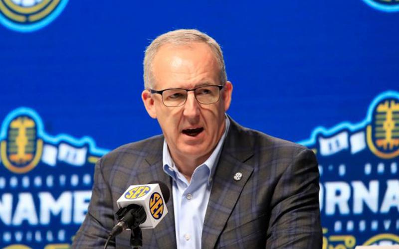 SEC Commissioner Greg Sankey addresses the media following the announcement of the cancellation of the SEC Basketball Tournament at Bridgestone Arena on March 12, in Nashville, Tenn. After the Power Five conference commissioners met Sunday, Aug. 9, 2020, to discuss mounting concern about whether a college football season can be played in a pandemic, players took to social media to urge leaders to let them play. (ANDY LYONS/Getty Images/TNS)