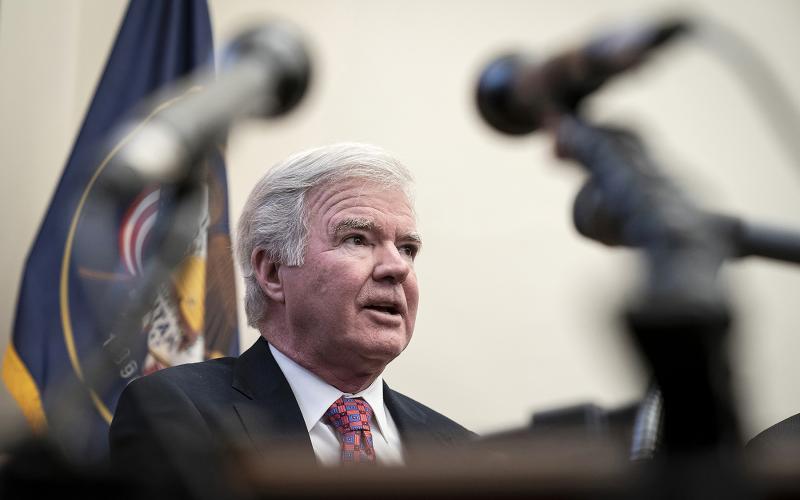 Mark Emmert, president of the National Collegiate Athletic Association (NCAA), speaks during a brief press availability on Capitol Hill Dec. 17, 2019 in Washington, D.C. (DREW ANGERER/Getty Images/TNS)