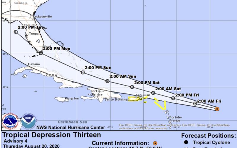 Tropical Depression 13's early track showed it potentially could reach Florida by Monday as a hurricane. (NATIONAL WEATHER SERVICE)