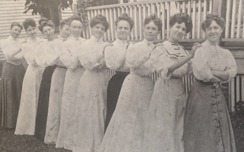 The Current Topics Club in 1906. Members included, from left, Mrs. J.L. Wells, Dadie Young (later Mrs. J.C. Sheffield), Janie Brown (first president, later Mrs. Burr L. Bixler), Mrs. F.A. Crowder, Mrs. J.C. Sheffield (1st), Mrs. W.H. Anthony, Ethel Warren (later Mrs. Herbert L. King), Mrs. James Wesley Stephens, May Vinzant (later G.J. Perkins) and Alice Appleyard (later Mrs. J.O. Clarkson). (COURTESY)